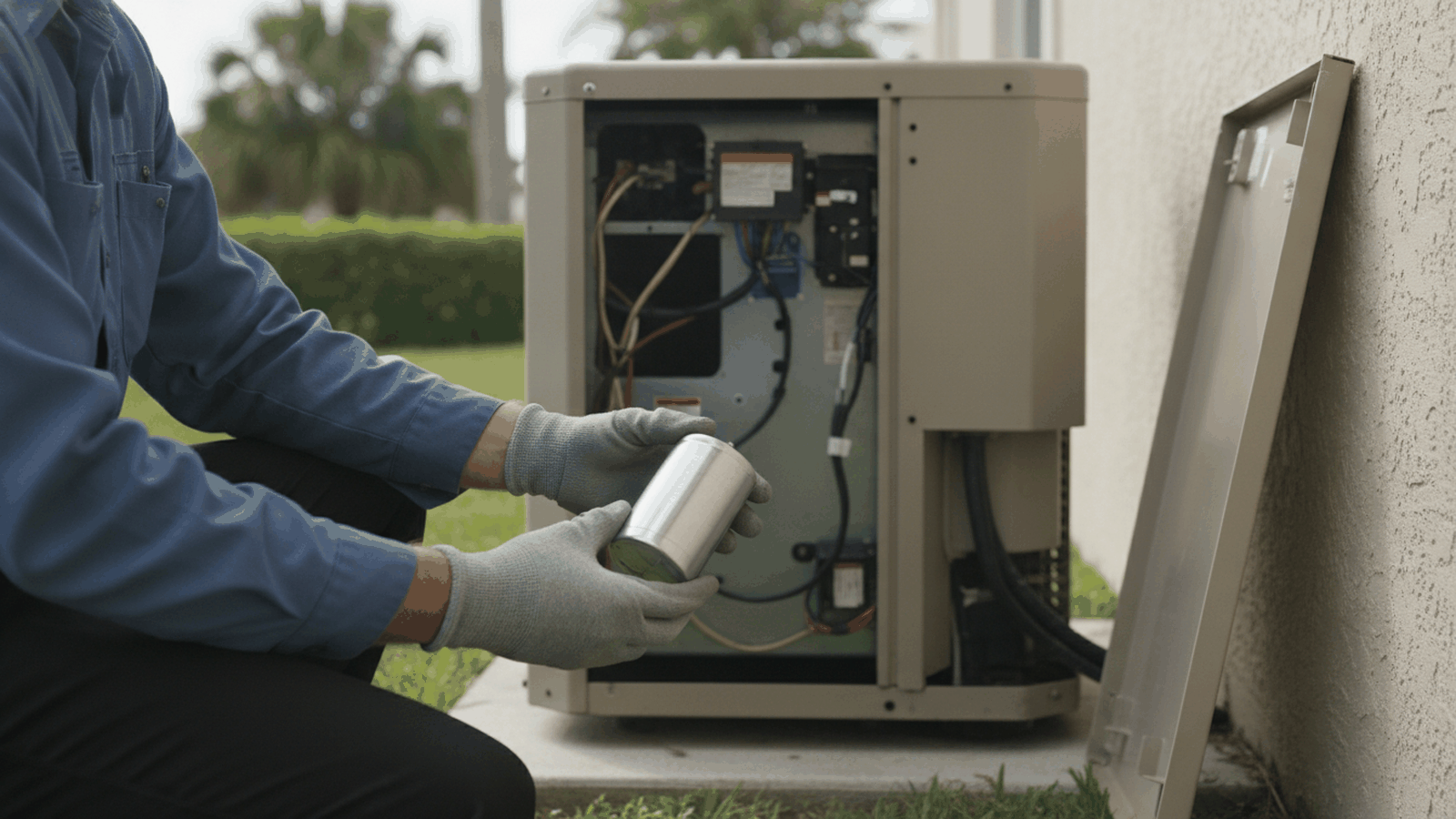 A technician's gloved hand holding a plain cylindrical metal capacitor beside an open outdoor AC unit