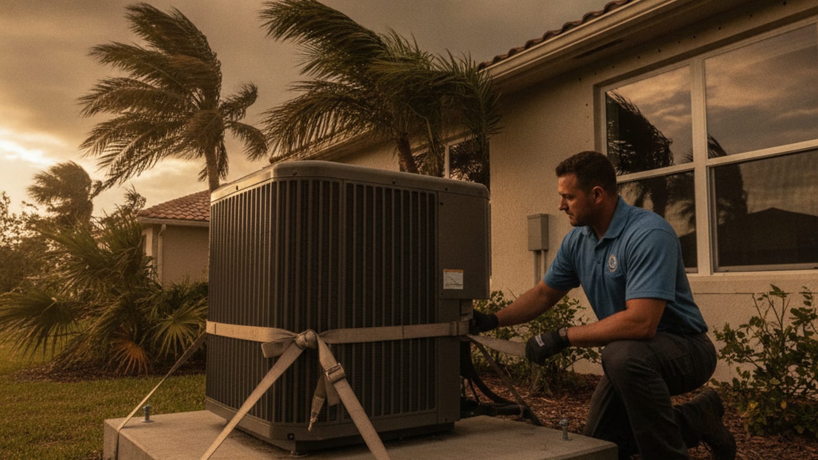 Outdoor AC condenser unit secured on an elevated pad before an approaching storm in Tampa Bay