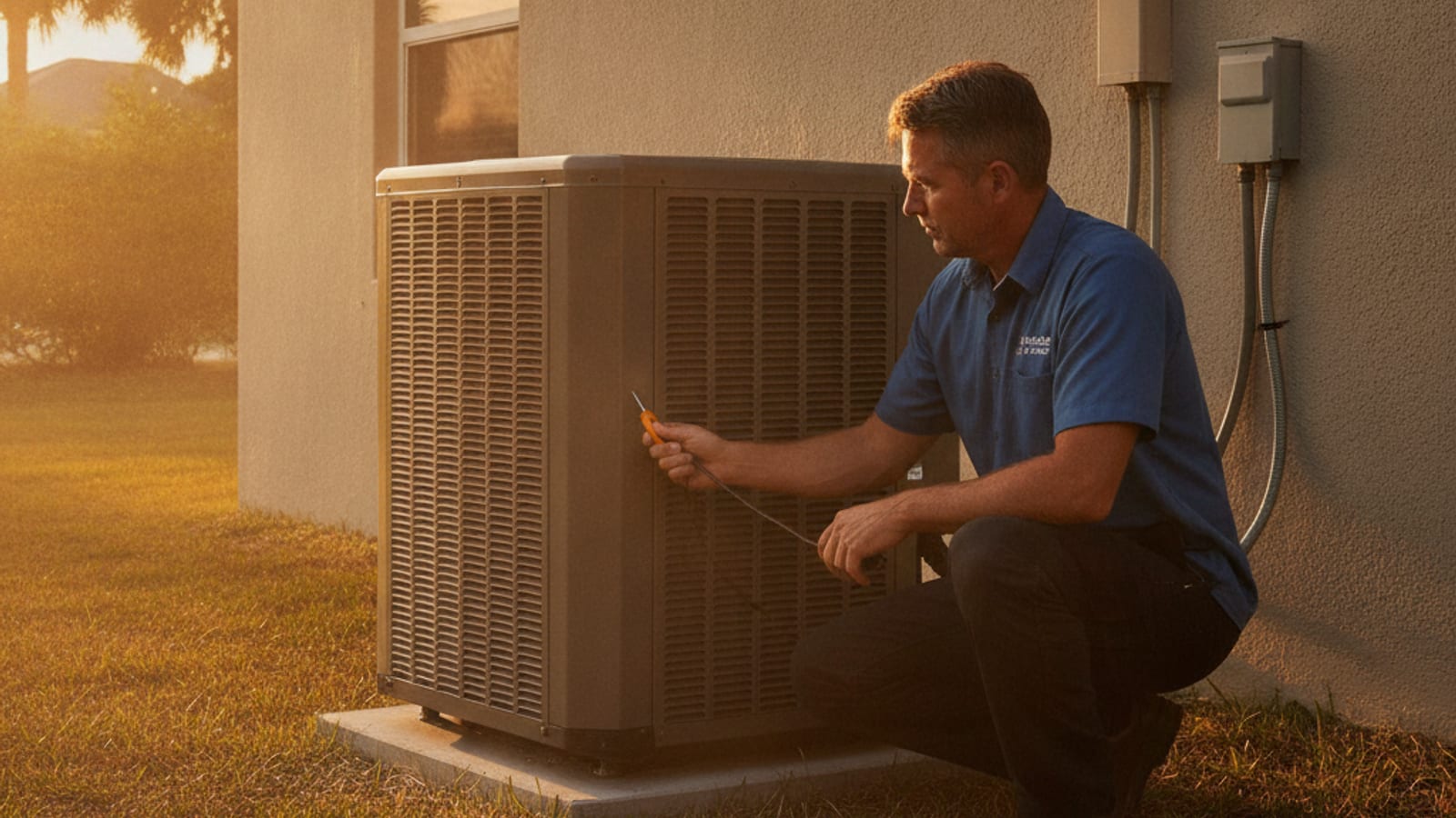 Technician checking an outdoor AC condenser unit beside a Tampa home in late afternoon heat