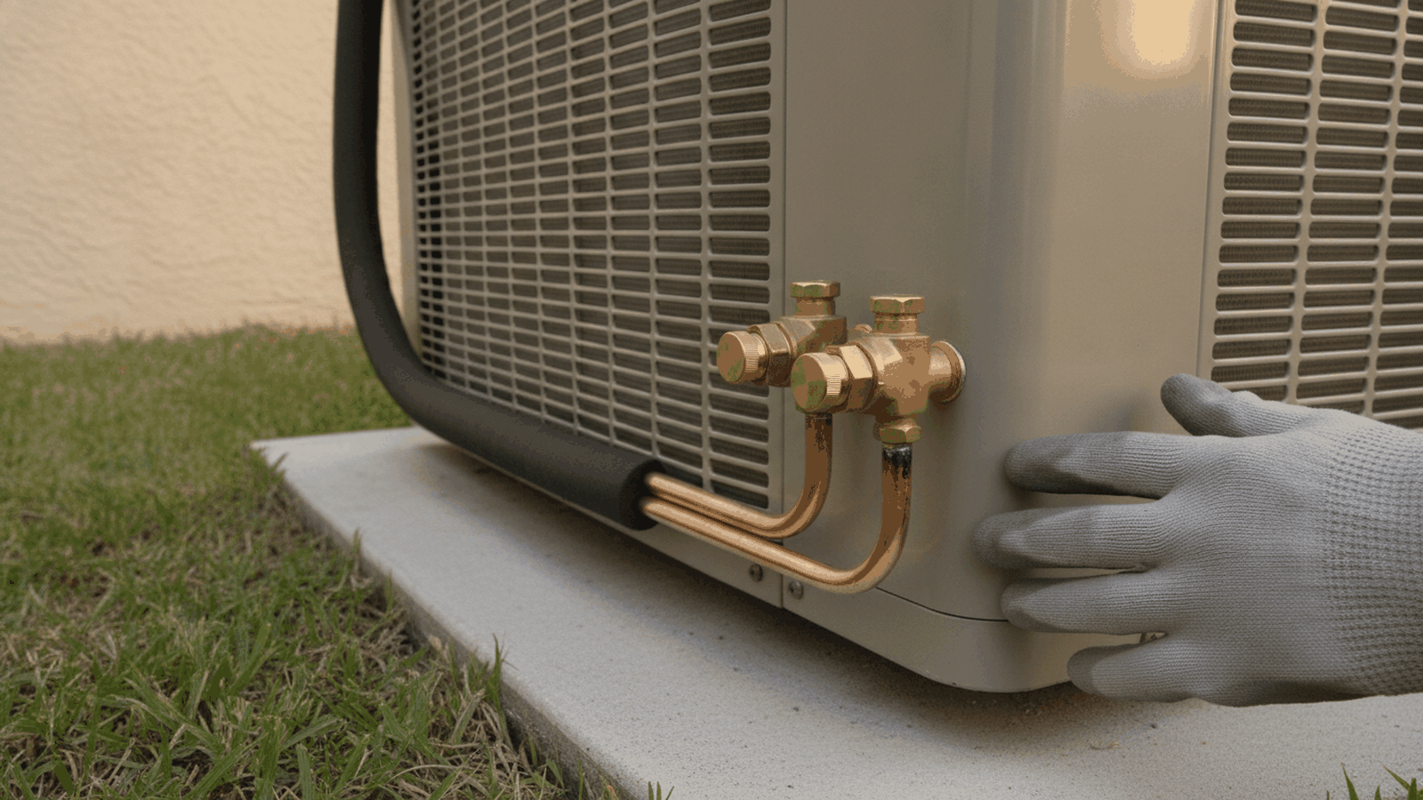 Copper refrigerant lines and brass service valves on an outdoor AC unit at a Florida home, with an oily stain on the line below one valve