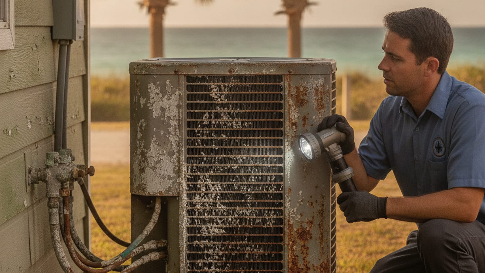 A corroded outdoor AC condenser coil near a Tampa Bay beach home