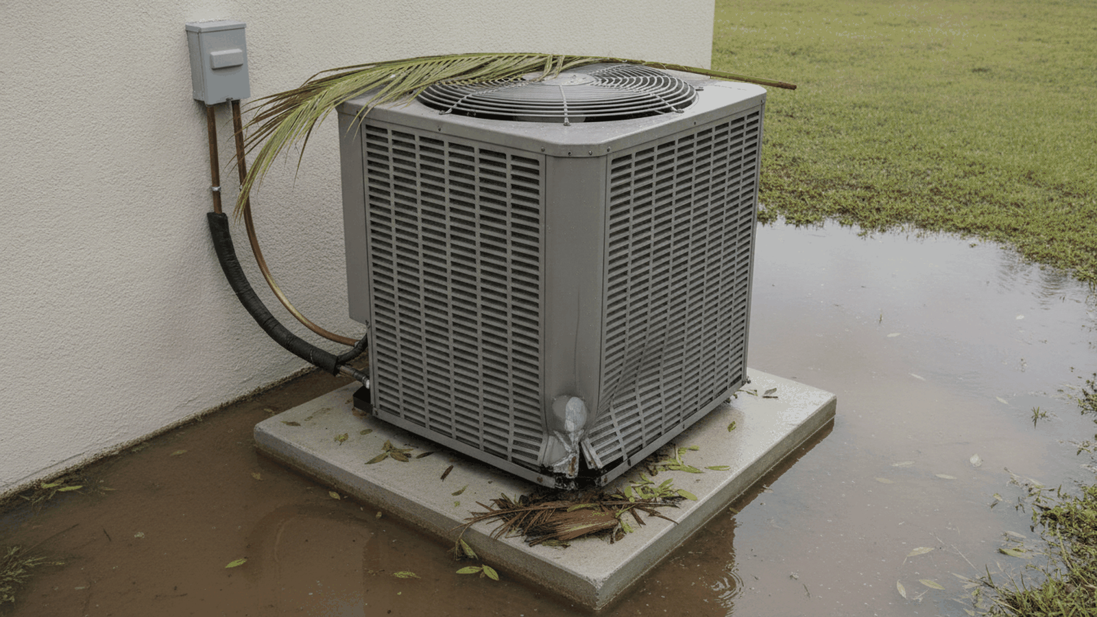 Storm-damaged outdoor AC condenser with dented coil fins on a concrete pad surrounded by standing water and palm debris in a Tampa Bay back yard