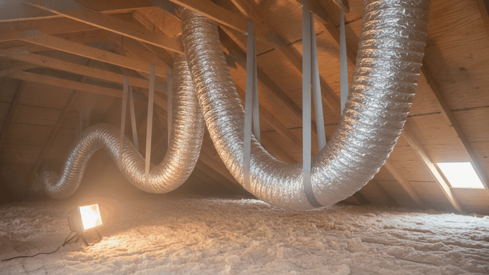 Insulated flexible HVAC ductwork running through the trusses of a Florida attic