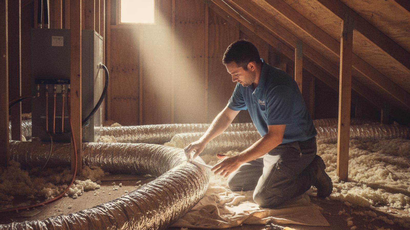 Insulated air duct running through a hot attic space above a Tampa Bay home