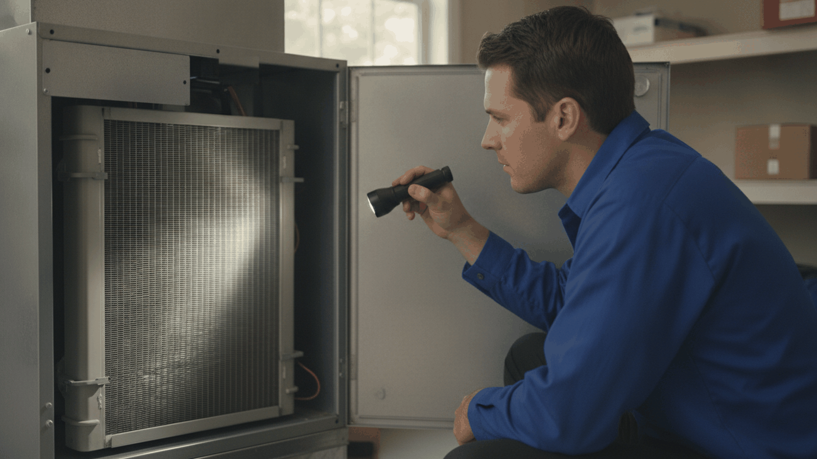 An HVAC technician servicing an indoor AC evaporator coil inside an open air handler cabinet