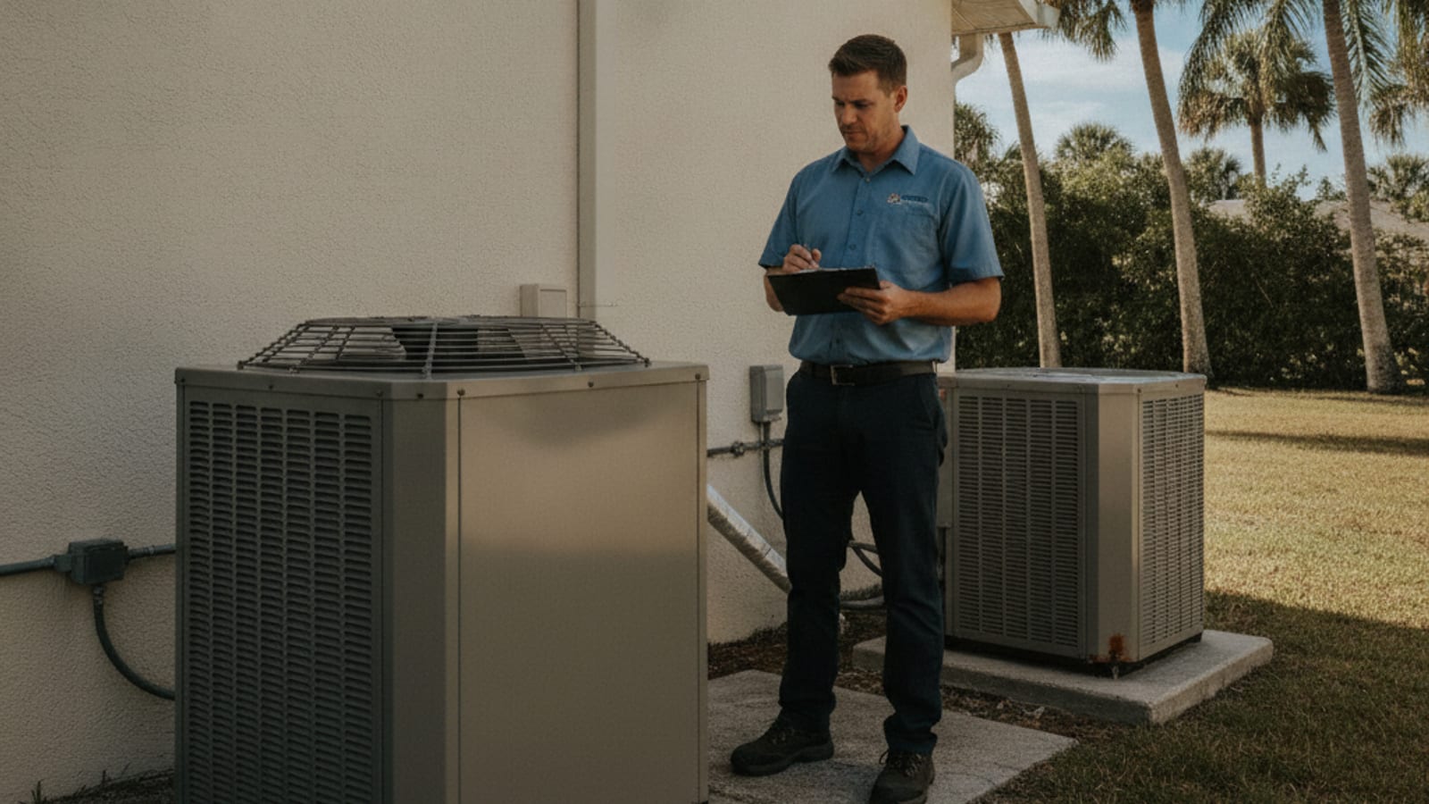Outdoor heat pump unit outside a Florida home with palm trees in the background
