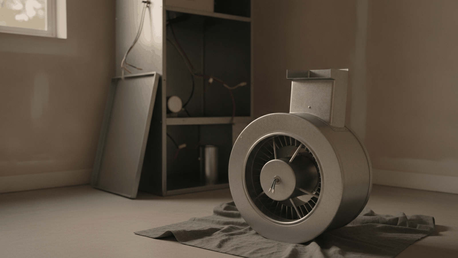 Blower motor assembly beside an open Florida air handler cabinet