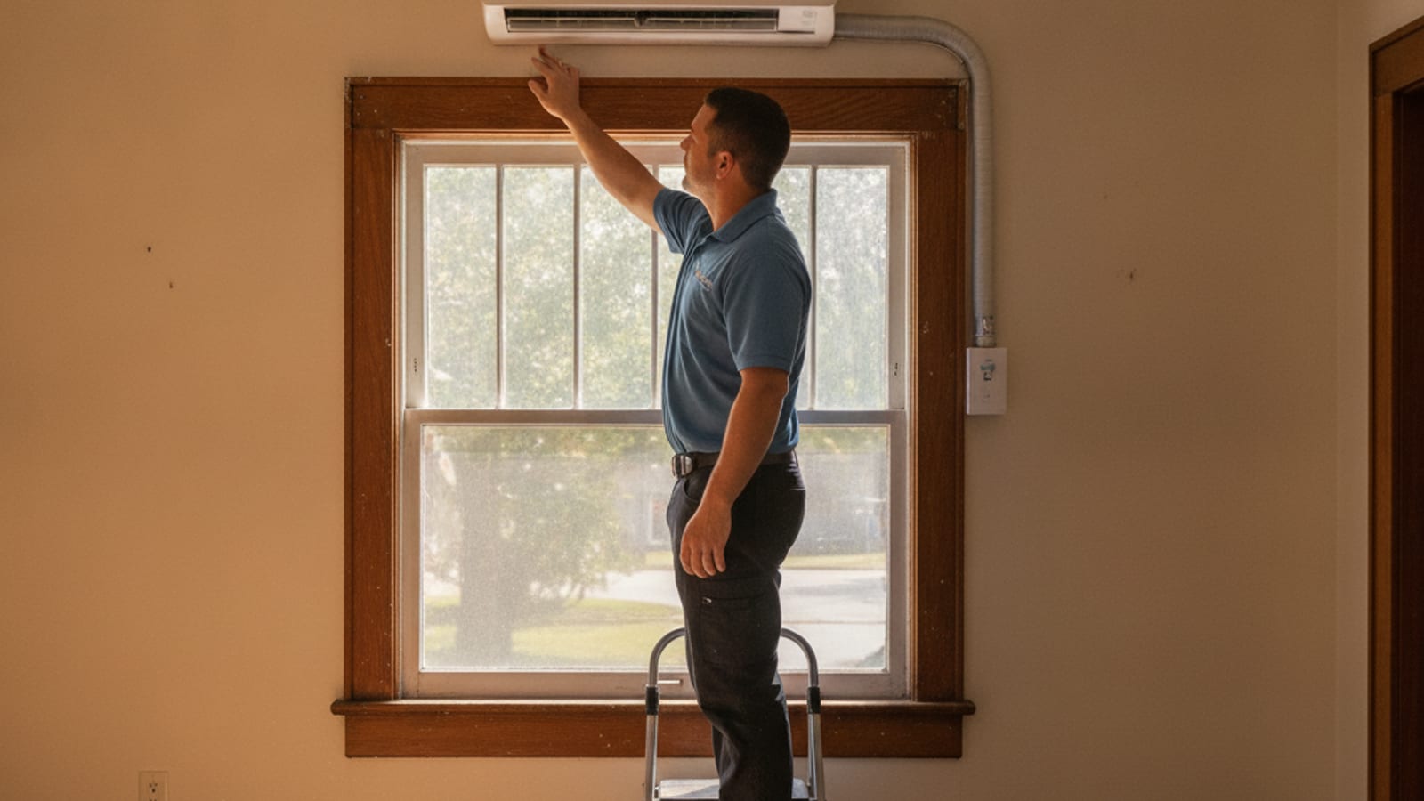 A ductless mini split indoor unit mounted on the wall of an older Tampa bungalow
