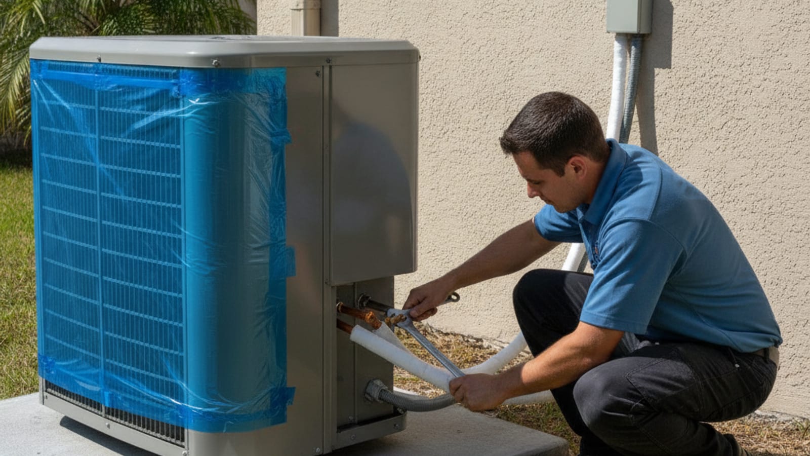 New outdoor condenser unit installed on a concrete pad outside a Tampa Bay home