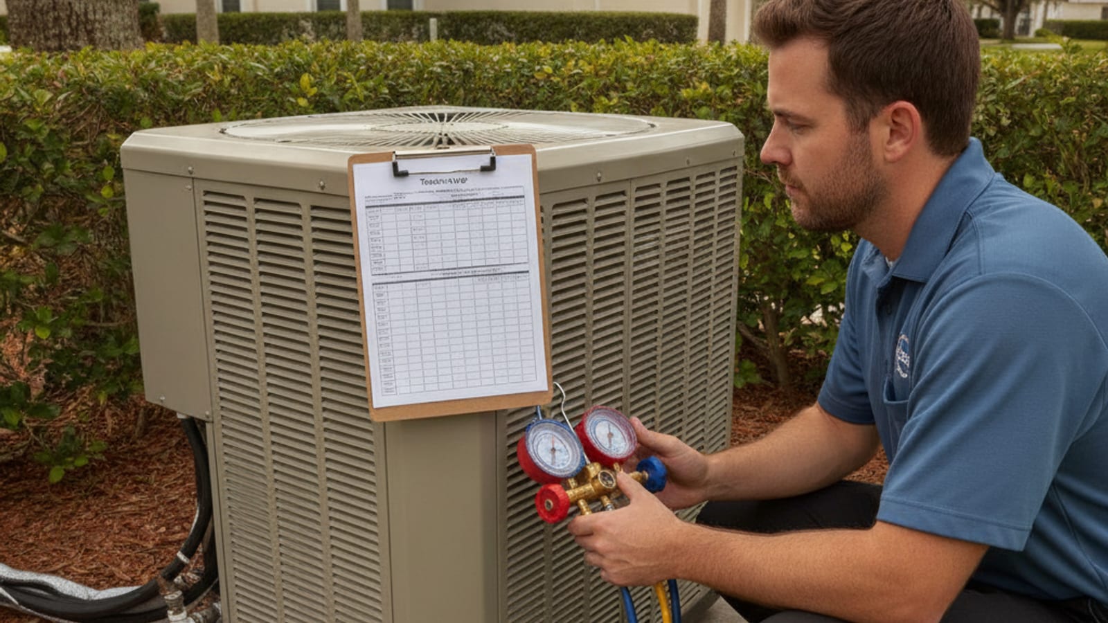 A technician checking refrigerant pressure on a Tampa home AC unit before summer