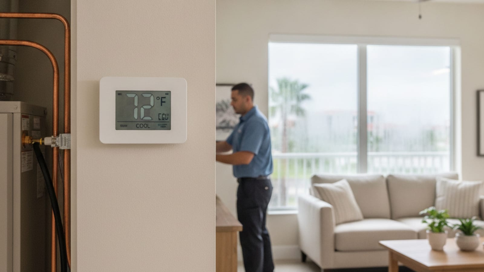 Thermostat display inside a Tampa home showing a cool temperature while a window shows humid outdoor conditions