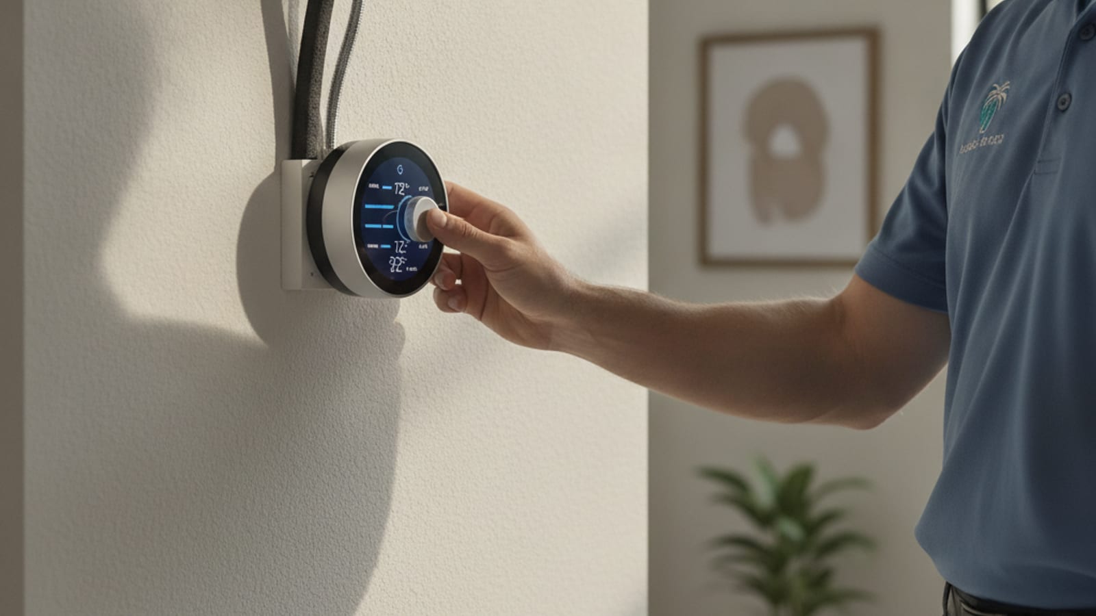 A smart thermostat display mounted on a wall inside a Tampa home