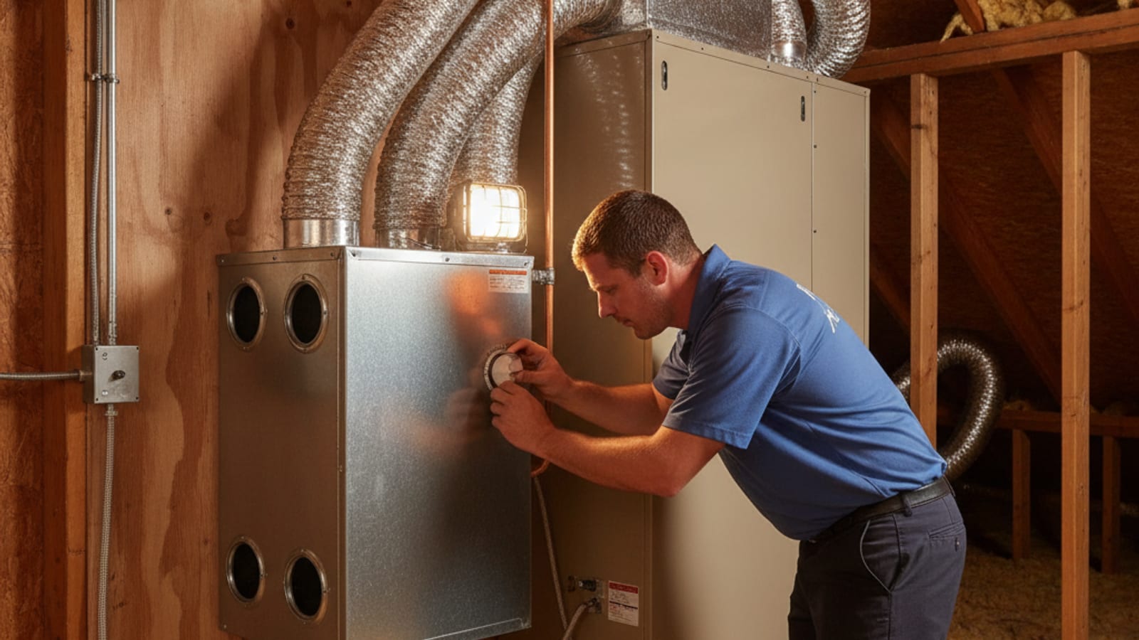 A whole home dehumidifier mounted next to an air handler in a Tampa attic
