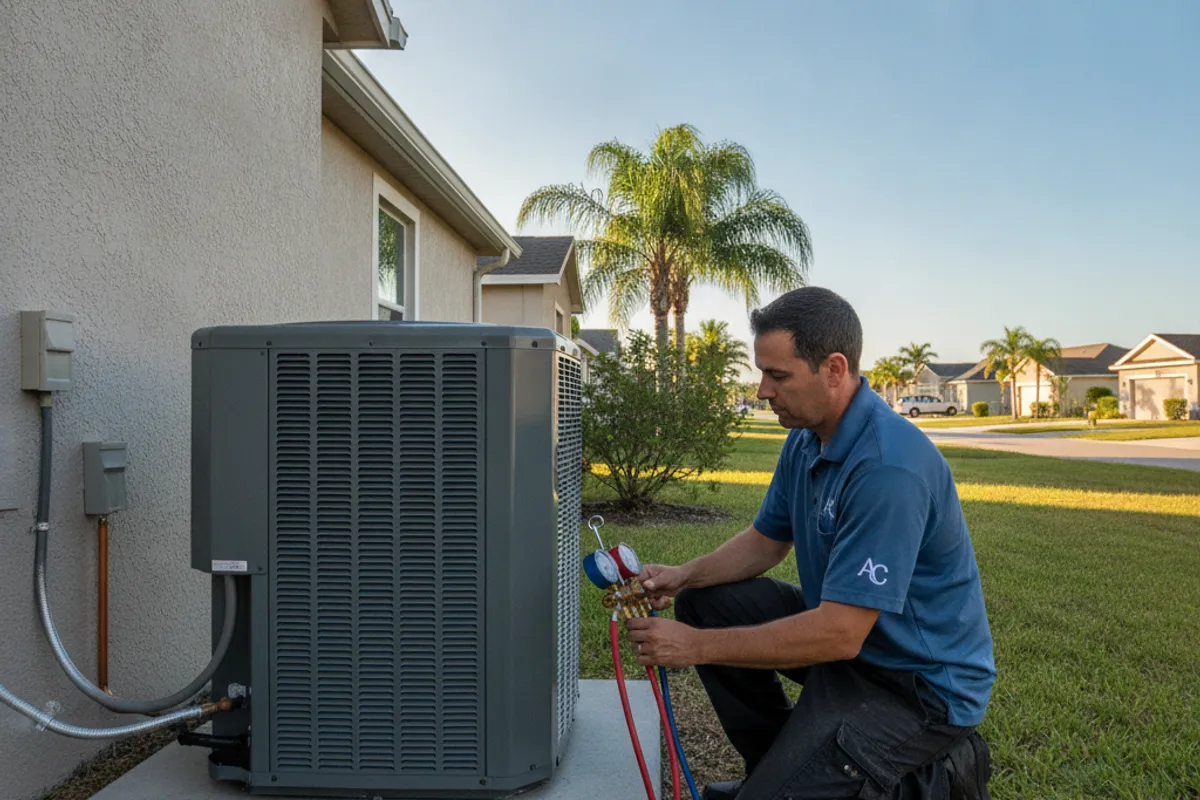 Tampa Bay HVAC technician servicing a home AC condenser unit