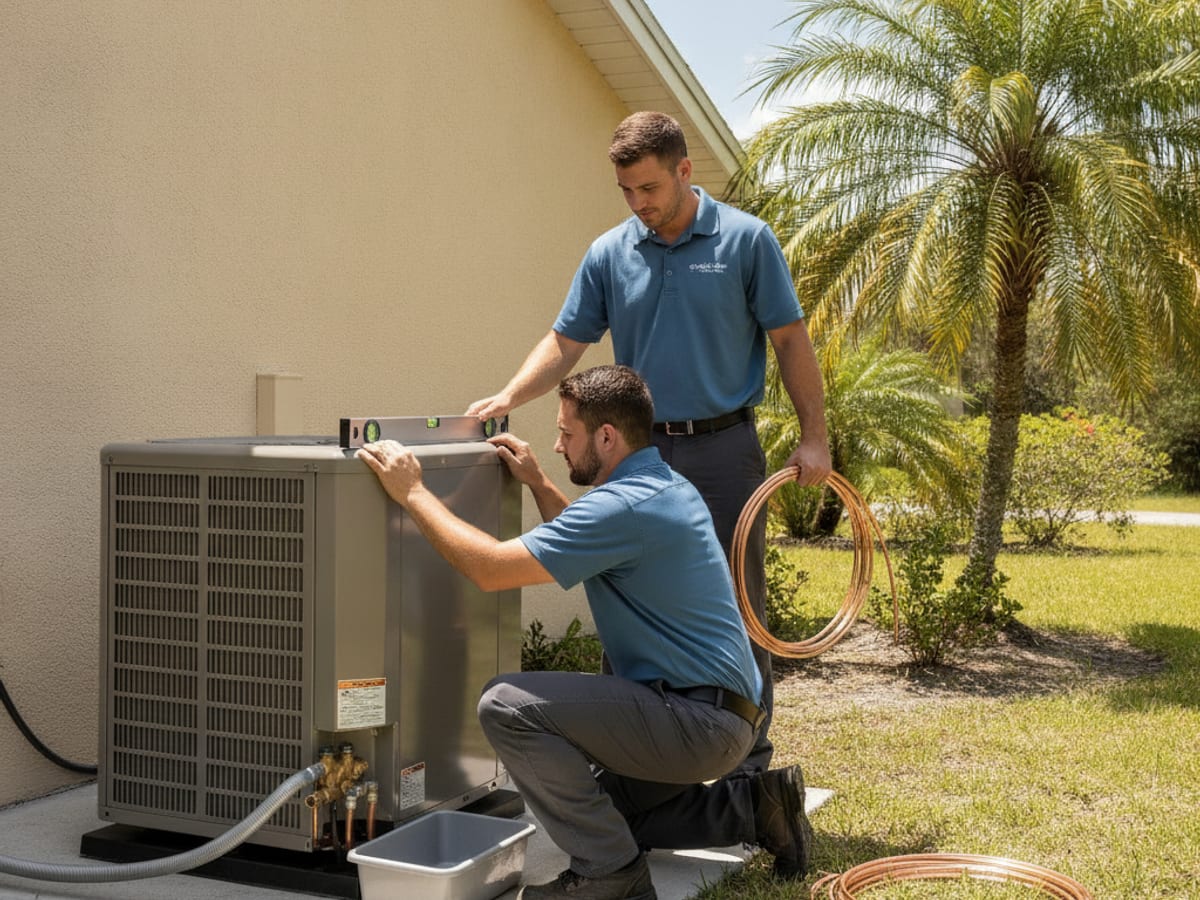 Licensed HVAC technician servicing an air conditioning system in a Tampa home