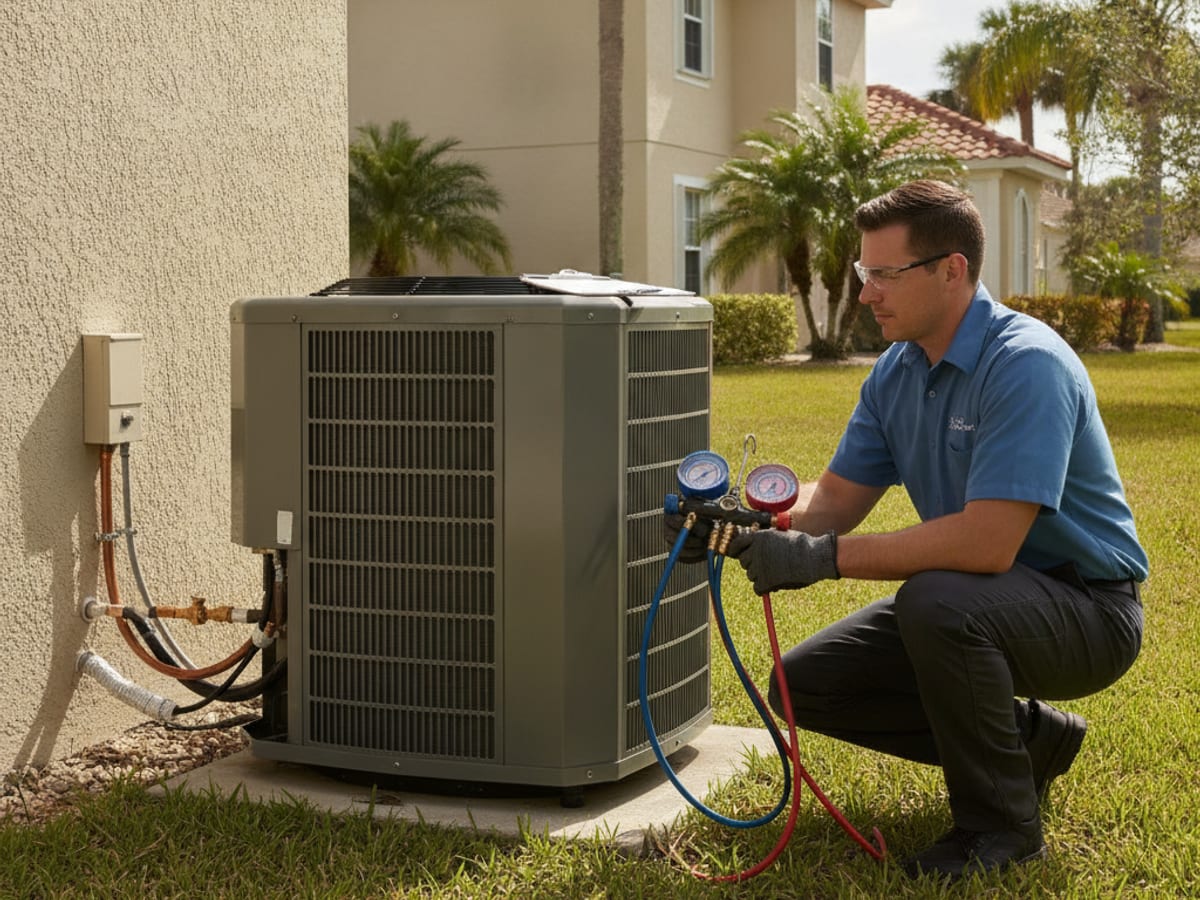Technician washing an outdoor AC condenser coil during a spring tune-up in Tampa Bay