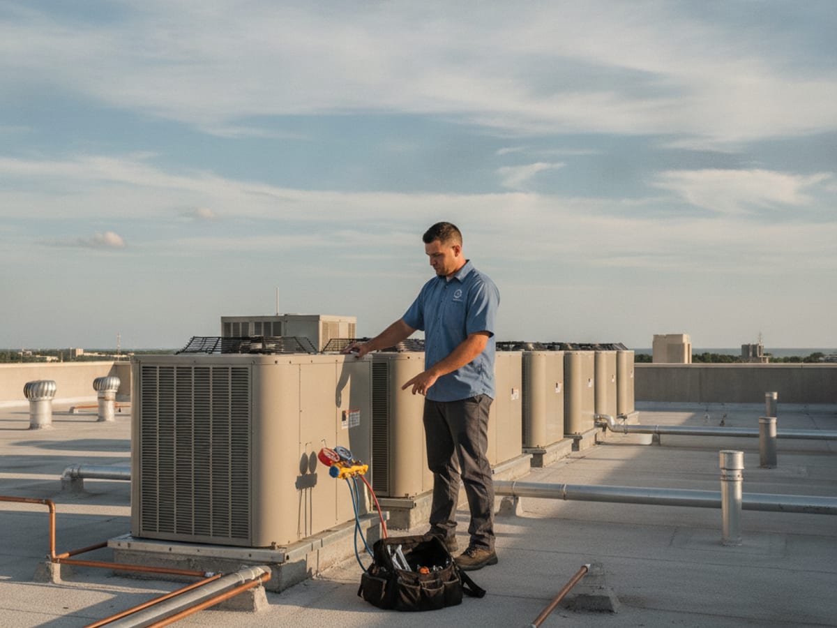 Rooftop HVAC unit being serviced on a commercial building in Tampa Bay