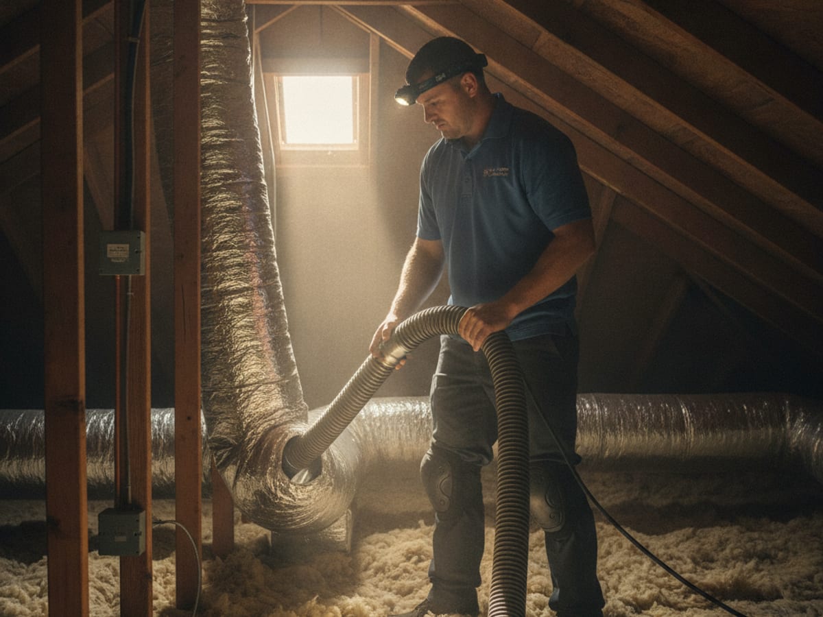 Technician running a duct cleaning hose into a ceiling register in a Tampa Bay home