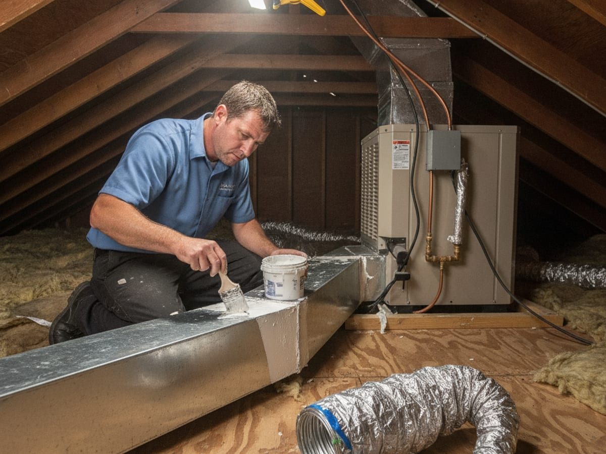 Technician repairing flexible ductwork in a Tampa Bay attic