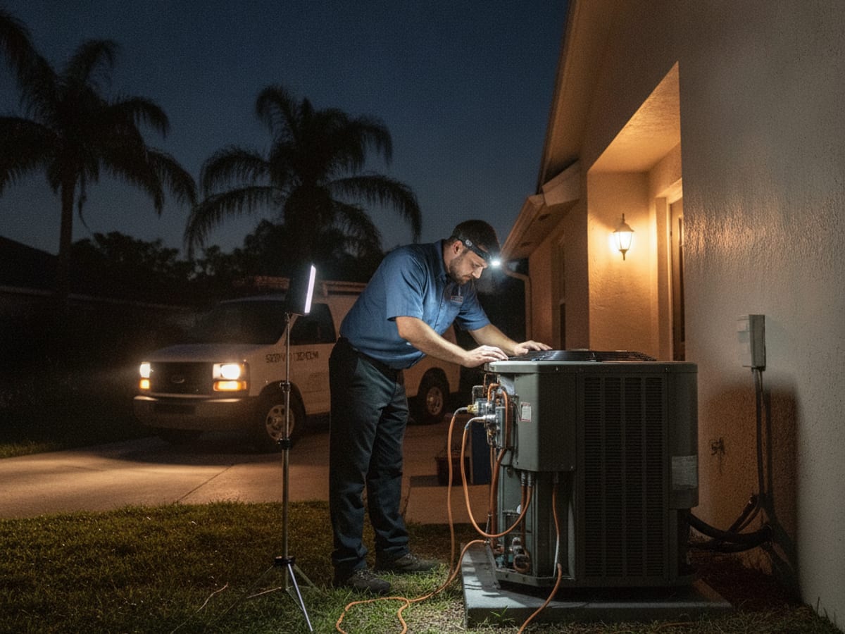 HVAC service van parked outside a Tampa Bay home at night for an emergency call