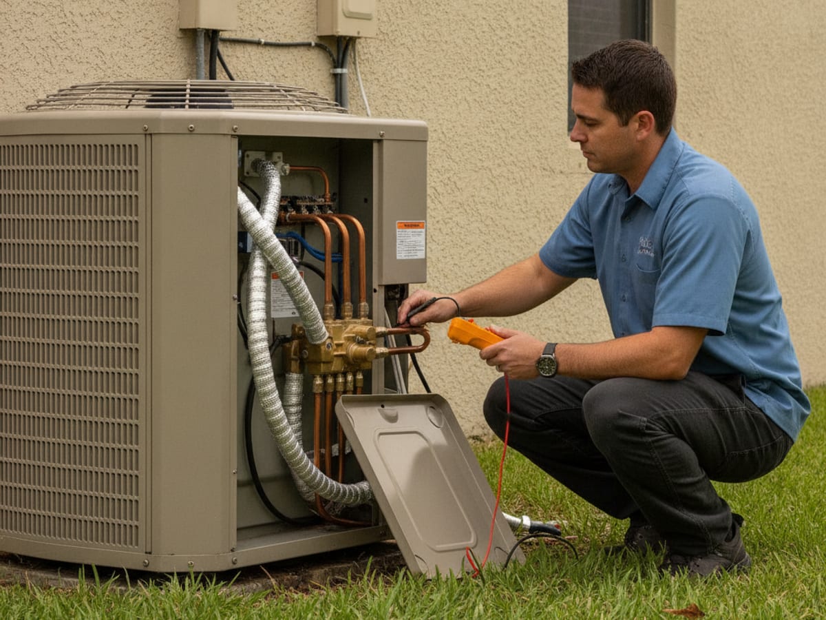 Heat pump condenser unit installed outside a Tampa Bay home