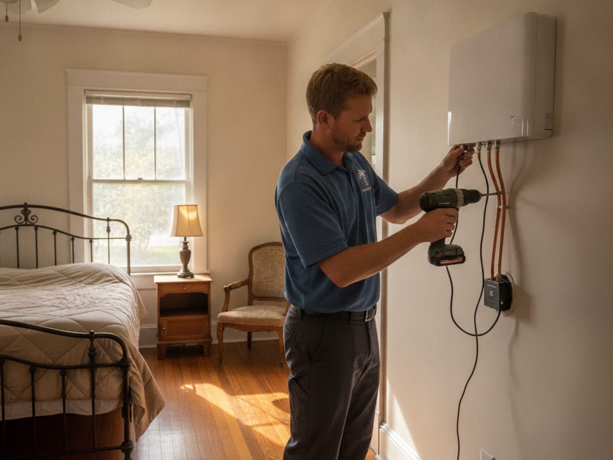 Wall-mounted mini split indoor unit installed in a Tampa Bay bedroom