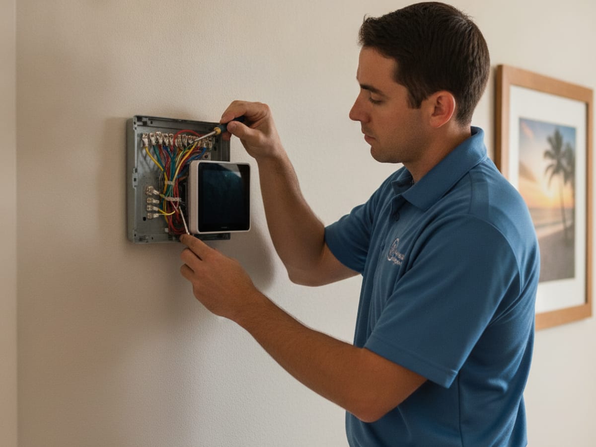 Smart thermostat mounted on a wall inside a Tampa Bay home